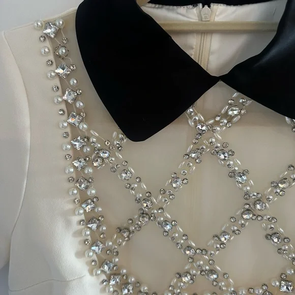 Cream Mini Dress with Black Peter Pan Collar for Wedding Guest - Picture 3 of 6